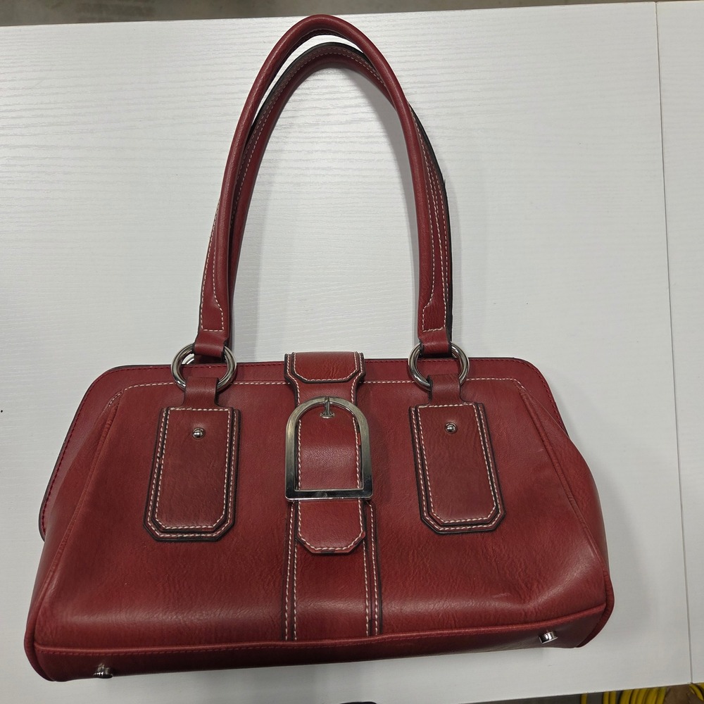 Belle Rose Burgundy Faux Leather Shoulder Bag Satchel Contrast Stitch Buckle Red